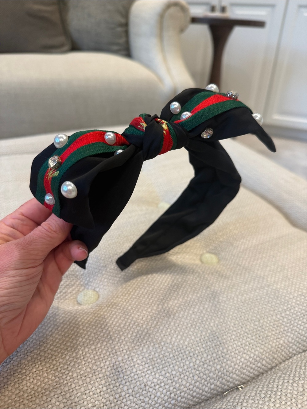 Black headband with Gold Bee and Red & Green Stripe and Pearl Accents